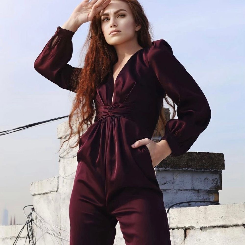 Mac Duggal 2647 Womens Plum Front Twist Puff Sleeve Jumpsuit Pants